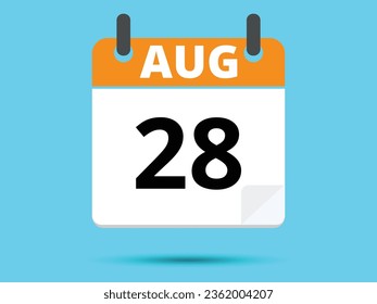 28 August. Flat icon calendar isolated on blue background. Vector illustration.