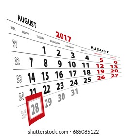 28 August highlighted on calendar 2017. Week starts from Monday. Vector Illustration.