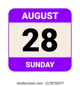 28 August, Sunday. Date template. Useful design for calendar or event promotion. Vector illustration EPS 10 File.
