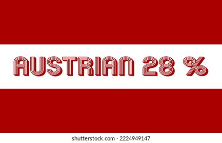 Ilustración vectorial de etiqueta de signos austríaca 28% con fuente elegante.  Fondo blanco y rojo. Diseño de plantillas de banner para medios sociales.