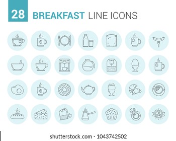 28 Breakfast line icons in circles, morning food and drinks icons, vector eps10 illustration