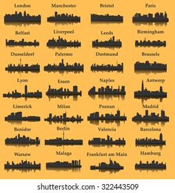 28 City silhouette in Europe ( London, Berlin, Madrid, Dortmund, Warsaw, Palermo, Liverpool, Brussels, Barcelona, Paris, ... )