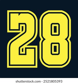 28 Clássico Vintage Sport Jersey Números uniformes em preto com um número de linha de contorno externo preto em fundo branco para futebol americano, beisebol e basquete ou futebol para camisa