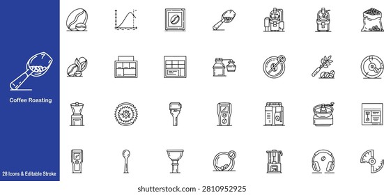 28 Coffee Roasting and Specialty Coffee Line Icons Set - Coffee Bean, Roaster, Grinder, Cupping, Quality Control, Packaging, Editable Stroke Vector.eps