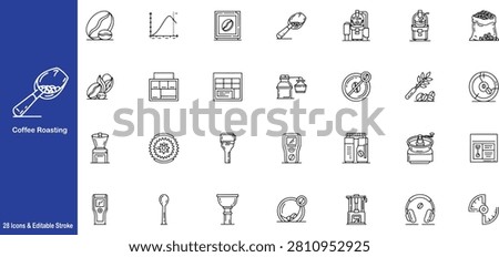 28 Coffee Roasting and Specialty Coffee Line Icons Set - Coffee Bean, Roaster, Grinder, Cupping, Quality Control, Packaging, Editable Stroke Vector.eps