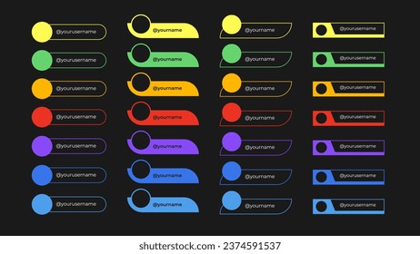 28 colorful social media lower thirds. bright neon colors. vector graphic templates.