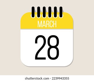 Vector del calendario de marzo de 28 días. Icono de la página del calendario del mes de marzo en amarillo.