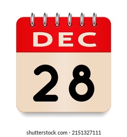 28 day of the month. December. Flip old formal calendar. 3d daily icon. Date. Week Sunday, Monday, Tuesday, Wednesday, Thursday, Friday, Saturday. Cut paper. White background. Vector illustration.