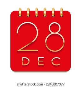 28 day of the month. December. Luxury calendar daily icon. Date day week Sunday, Monday, Tuesday, Wednesday, Thursday, Friday, Saturday. Gold text. Red paper. Vector illustration.