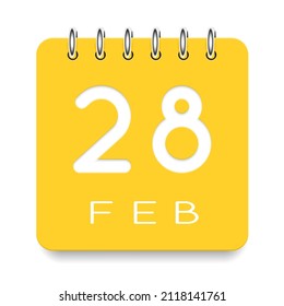 28 day of the month. February. Cute yellow calendar daily icon. Date day week Sunday, Monday, Tuesday, Wednesday, Thursday, Friday, Saturday. Cut paper. White background. Vector illustration.