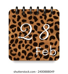 28 day of the month. February. Leopard print calendar daily icon. White letters. Date day week Sunday, Monday, Tuesday, Wednesday, Thursday, Friday, Saturday.  White background. Vector illustration.