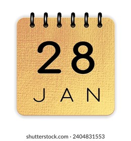 28 day of the month. January. Luxury gold calendar daily icon. Date day week Sunday, Monday, Tuesday, Wednesday, Thursday, Friday, Saturday.