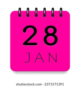 28 day of the month. January. Pink calendar daily icon. Black letters. Date day week Sunday, Monday, Tuesday, Wednesday, Thursday, Friday, Saturday. Cut paper. White background. Vector illustration.