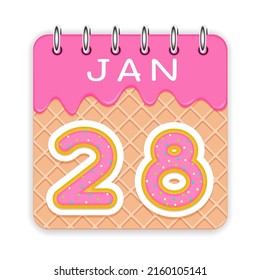 28 day of a month. January. Waffle cone calendar with melted ice cream. 3d daily icon. Date. Week Sunday, Monday, Tuesday, Wednesday, Thursday, Friday, Saturday. White background Vector illustration