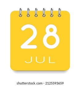 28 day of the month. July. Cute yellow calendar daily icon. Date day week Sunday, Monday, Tuesday, Wednesday, Thursday, Friday, Saturday. Cut paper. White background. Vector illustration.
