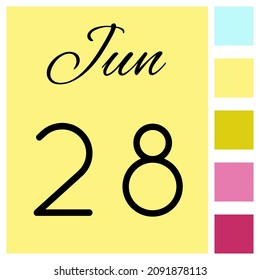 28 day of the month. June. Cute calendar daily icon. Date day week Sunday, Monday, Tuesday, Wednesday, Thursday, Friday, Saturday.