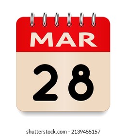 28 day of the month. March. Flip old formal calendar daily icon. Date day week Sunday, Monday, Tuesday, Wednesday, Thursday, Friday, Saturday. Cut paper. White background. Vector illustration. 3d