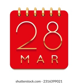 28 day of the month. March. Luxury calendar daily icon. Date day week Sunday, Monday, Tuesday, Wednesday, Thursday, Friday, Saturday. Gold text. Red paper. Vector illustration.