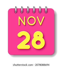 28 day of the month. 28 November. Cute calendar daily icon. Date day week Sunday, Monday, Tuesday, Wednesday, Thursday, Friday, Saturday.