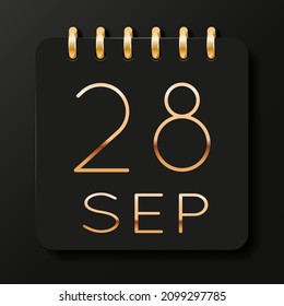 28 day of the month. September. Luxury calendar daily icon. Date day week Sunday, Monday, Tuesday, Wednesday, Thursday, Friday, Saturday. Gold text. Black background. Vector illustration.