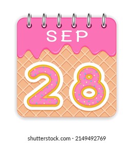 28 day of a month. September. Waffle cone calendar with melted ice cream. 3d daily icon. Date. Week Sunday, Monday, Tuesday, Wednesday, Thursday, Friday, Saturday. White background Vector illustration