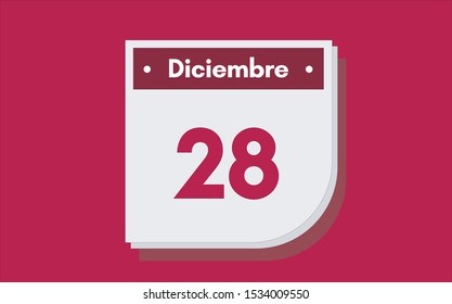 28 de Diciembre. Dia del mes. Calendario (December 28th. Day of month. Calendar in spanish) vector illustration icon.