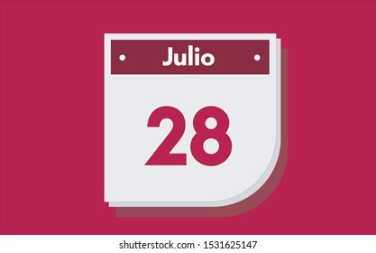 28 de Julio. Dia del mes. Calendario (July 28th. Day of month. Calendar in spanish) vector illustration icon.