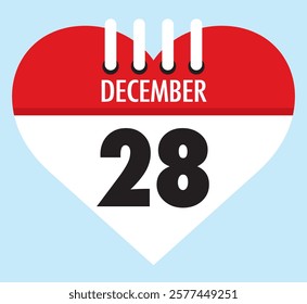 28 December calendar icon red heart shape on light sky blue color background, calendar vector symbol for the month of December.