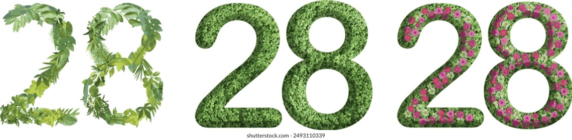 28, design made from green grass, leaves and flower, .suitable for birthday, anniversary and memorial day templates, go green concept	
