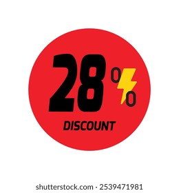 28% de descuento Vector de icono de una etiqueta circular roja con y un símbolo de relámpago amarillo.