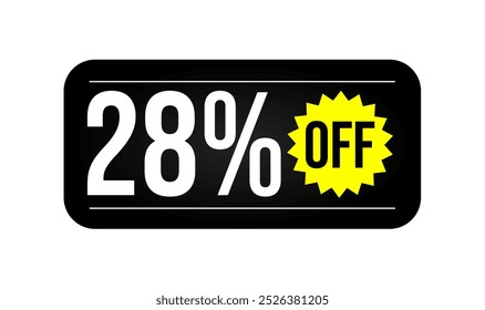 28% de descuento etiqueta, negro, blanco y amarillo forma rectangular, perfecto para promociones de marketing, comercio y ventas al por menor