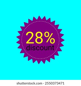 28% de desconto. Rótulo roxo e amarelo. Promoções de lojas, vendas de comércio online. 28% de desconto.