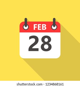 28 february calendar flat style icon with long shadow.