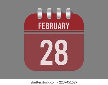 28 February calendar icon. Page vector for calendar on February days. Red design with dark background