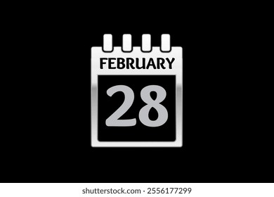 28 February calendar icon text page monthly web design on silver and black background vector, icon, or illustration with the month of February 28