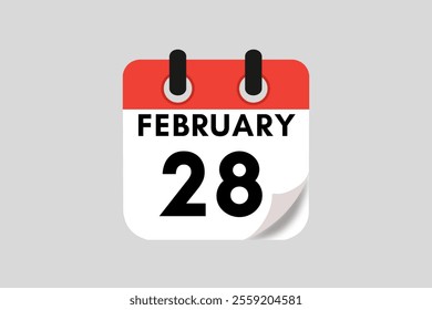 28 February calendar icon text page monthly web design on red, white, black and ash background vector, icon, or illustration with the month of February 28