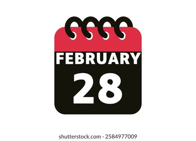 28 February calendar icon text page monthly web design on red, black and white background vector, icon, or illustration with the month of February 28