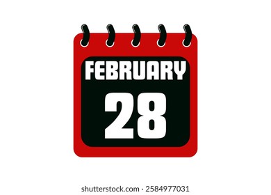 28 February calendar icon text page monthly web design on red, black and white background vector, icon, or illustration with the month of February 28