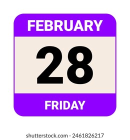 28 February, Friday. Date template. Useful design for calendar or event promotion. Vector illustration EPS 10 File. Isolated on white background. 