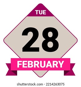 28 February, Tuesday. Date template. Useful design for calendar or event promotion. Vector illustration EPS 10 File. Isolated on white background.