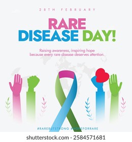 28 February World Rare Disease Day. Rare disease day poster with raised hands and a ribbon or heart encourages awareness and hope for those affected by rare diseases. Raising Awareness. Illustration