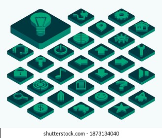 28 Green Isometric 3D Universal Vector Icons Set For Web: Bulb, Connection, Technical Support, Geo Location, Home, Virus, Cloud Service, Repair, Key, Lock, Music And Etc. Vector Illustration.