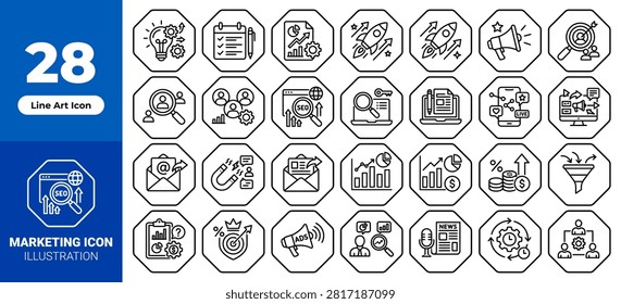 28 Hexagonal Blue Marketing Icons Pack for Digital Advertising Market Analysis Target Strategy and Business Growth