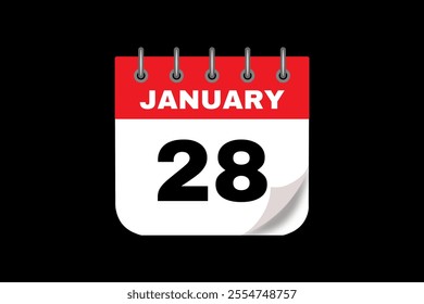 28 January calendar icon text page monthly web design on red, white and black background vector, icon, or illustration with the month of January 28