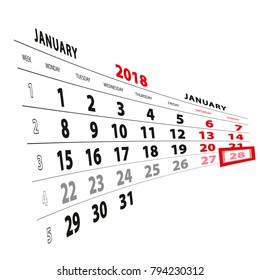 28 January highlighted on calendar 2018. Week starts from Monday.
