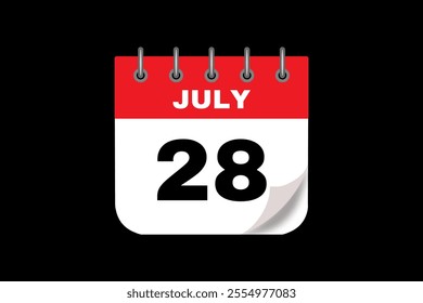 28 July calendar icon text page monthly web design on red, white and black background vector, icon, or illustration with the month of July 28