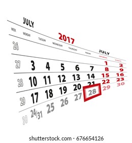28 July highlighted on calendar 2017. Week starts from Monday. Vector Illustration.