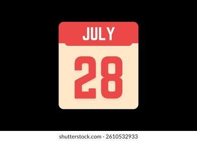 28 July icon text page monthly web design on coral, white, tangerine and black background vector, icon, or illustration with the month of July 28