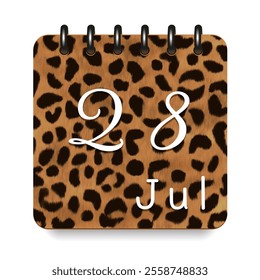 28 July. Leopard print calendar daily icon. White letters. Date day week Sunday, Monday, Tuesday, Wednesday, Thursday, Friday, Saturday.