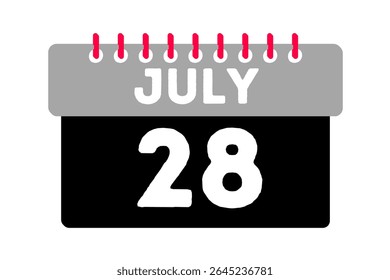 28 july month single day vector, illustration, calendar with ash, black, red and white color background calendar icon of july 28